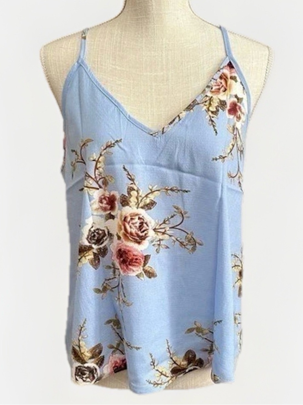 SHEIN Blue Floral V-Neck Cami Top Adjustable Spaghetti Straps Boho Rose Print XL